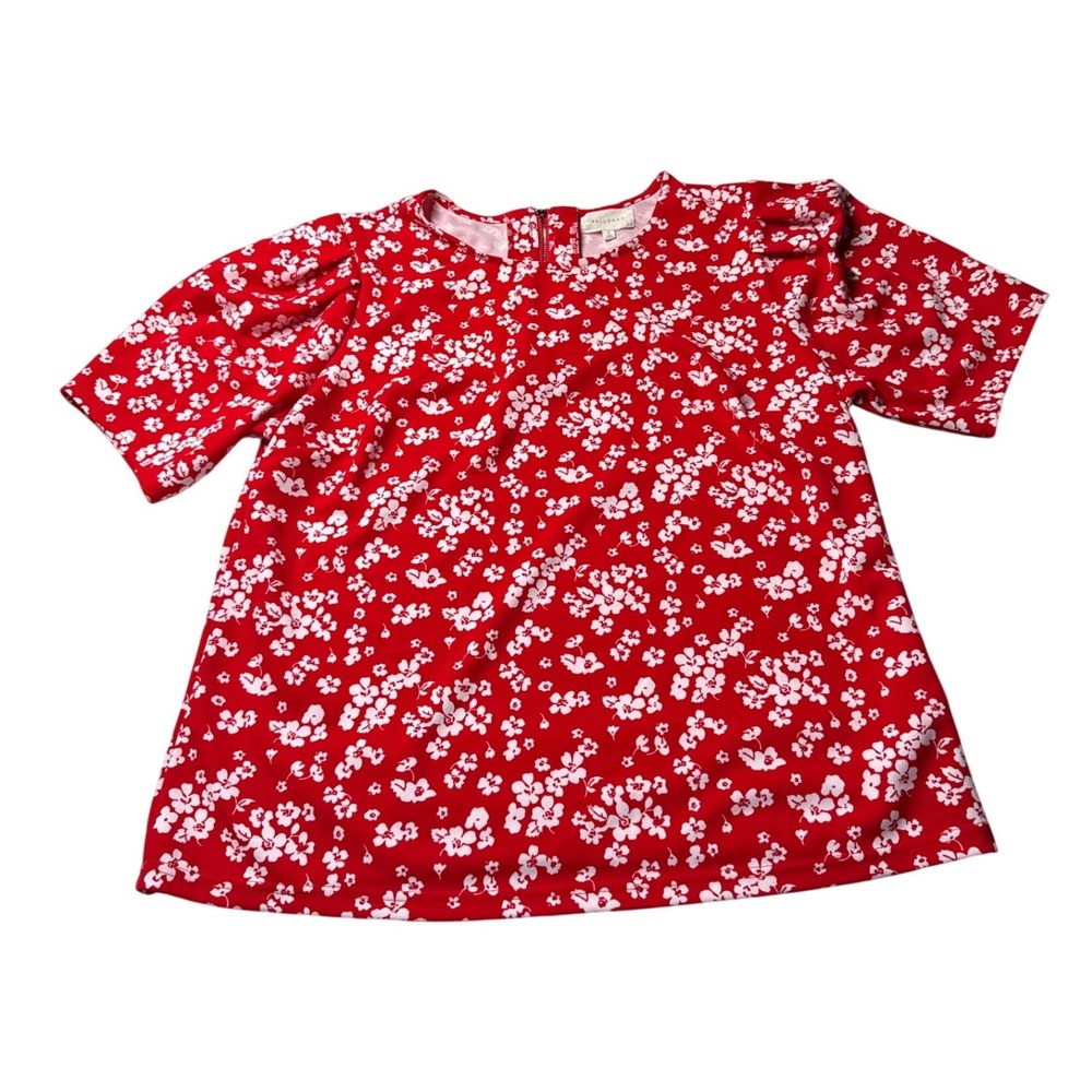 Melloday Red White Floral Puff Sleeve Blouse Womens Large Back Zip Stretch Top